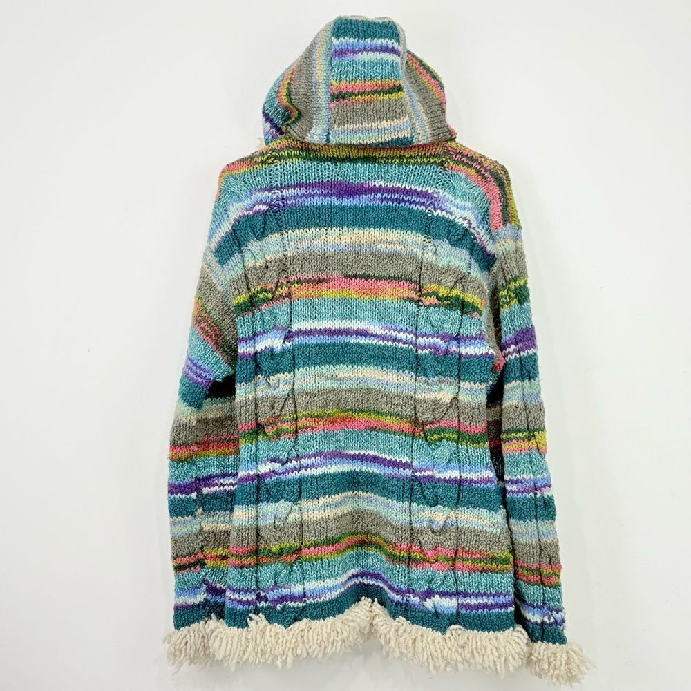 Amano Artisan Handmade Colorful Stripe Hooded Boho Fringe Retro Cardigan Sweater - Picture 8 of 12